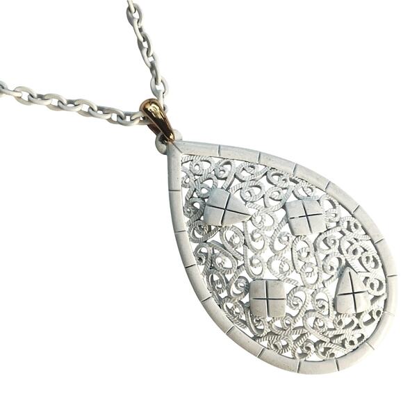 VTG 1960s 1970s Pendant Necklace White Enamel Filigree Mod Statement Jewelry - Picture 13 of 13